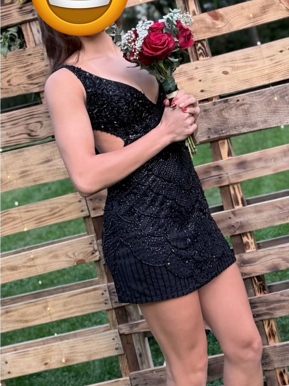 Black Beaded V-Neck Mini Dress